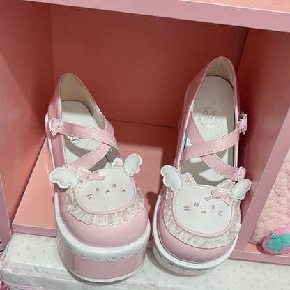 Yume Kawaii Pink Round Toe Kitty Angel Heart Buckle Platform Lolita Shoes