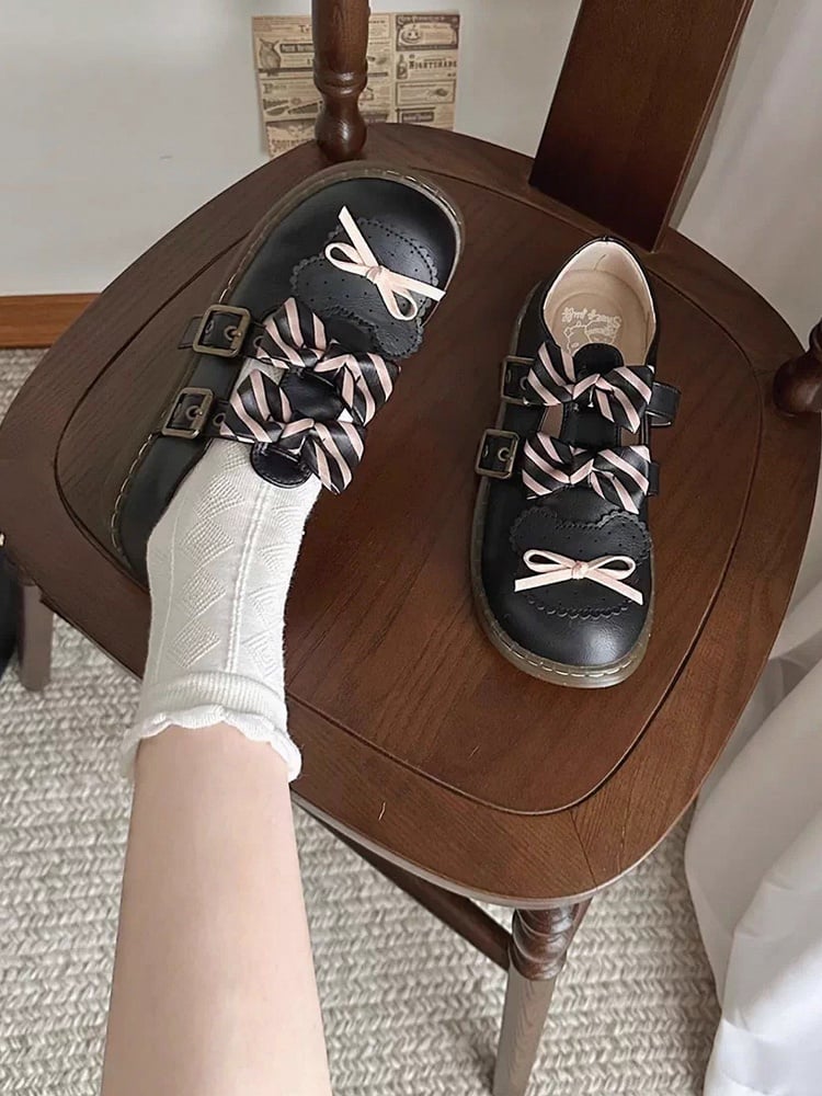 Black Striped Pattern Bowknot Details Bear Design Lolita Flats