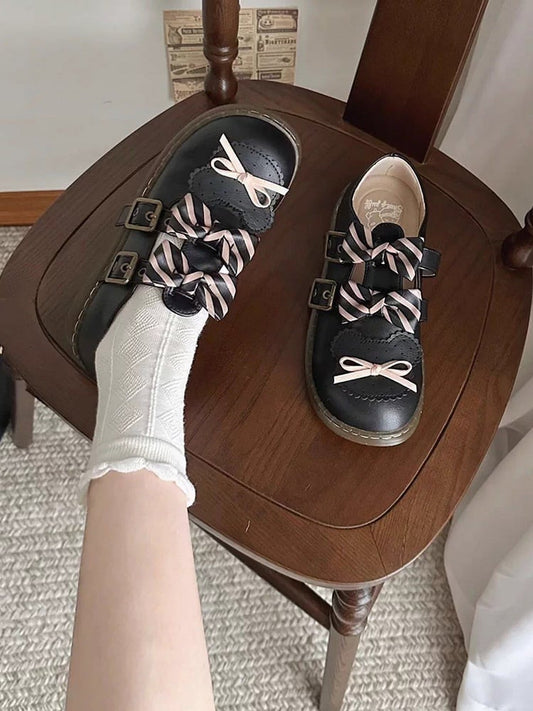 Black Striped Pattern Bowknot Details Bear Design Lolita Flats