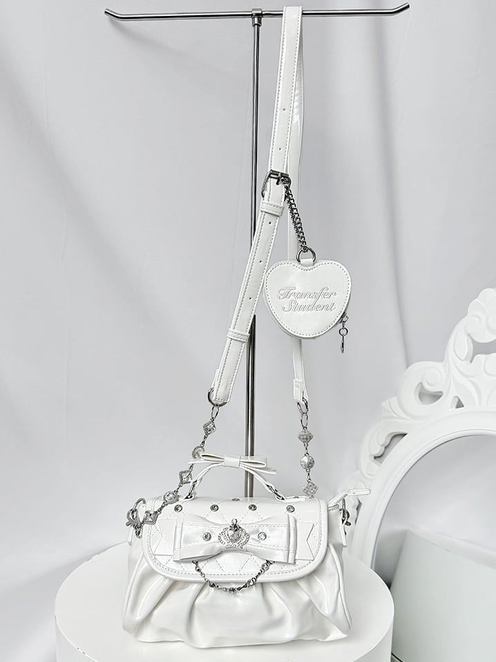 Detachable Rhinestone Strap & Crown-Embellished Bow Accent White Hand/Crossbody Bag in Jirai Kei