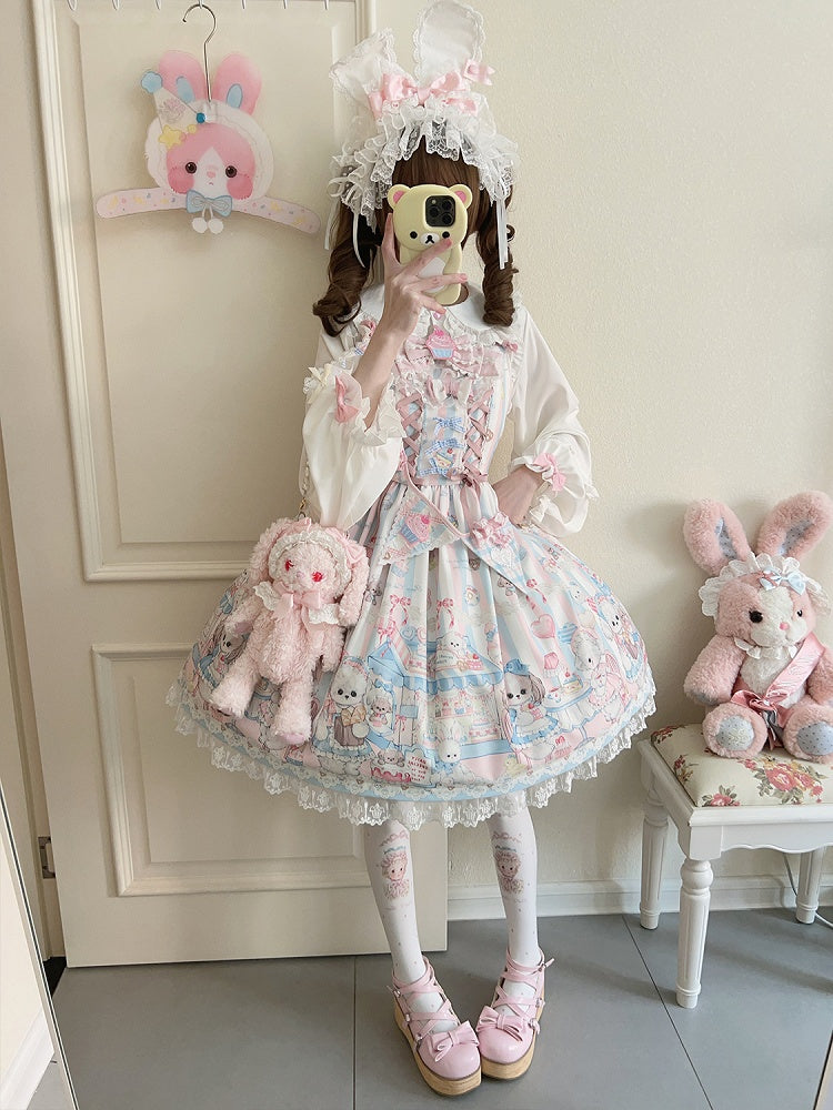 Puppy's Afternoon Tea Print Sweet Lolita Dress with Flags Ribbon