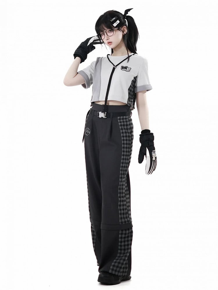 Clearance-Size M for Waist 66CM Black Plaid Zip Cuffs Techwear Two Ways Wear Pants/Shorts with Snap Belt