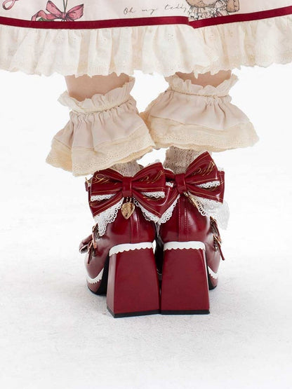 Red Crisscross Design Heart Buckles Detachable Bow at Top High Block Heels