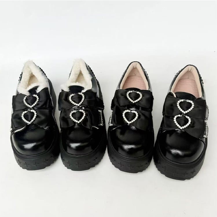 Black Jirai Kei Slip-on Platforms with Rhinestone Heart Decor & Bow Accents in Thicken/Regular Version
