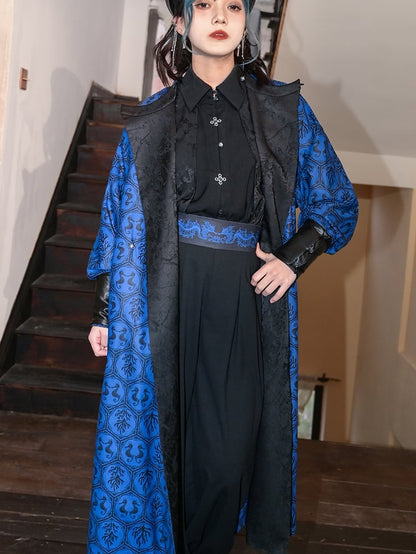 Reversible Blue Seahorses and Coral Print Black Jacquard Cheongsam Style Long Coat