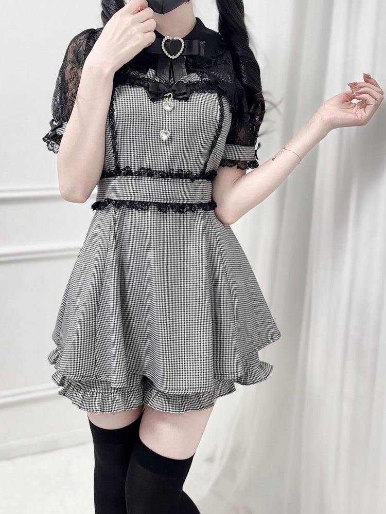 Black Houndstooth Jirai Kei Set -Shirt Collar Sweetheart Rhinestone Decoration Lace Shawl Top + Shorts + Bowtie