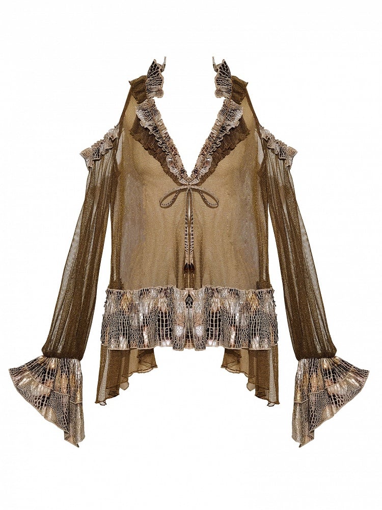 Dark Brown Wasteland Punk V-neck Semi-sheer Cutout Shoulder Design Long Sleeves Top