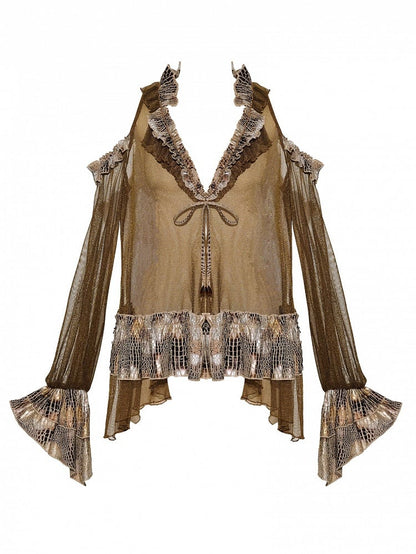 Dark Brown Wasteland Punk V-neck Semi-sheer Cutout Shoulder Design Long Sleeves Top