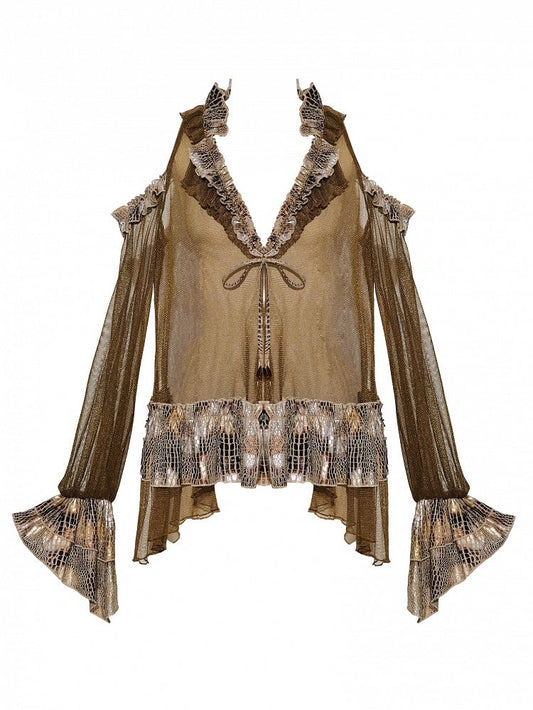 Dark Brown Wasteland Punk V-neck Semi-sheer Cutout Shoulder Design Long Sleeves Top