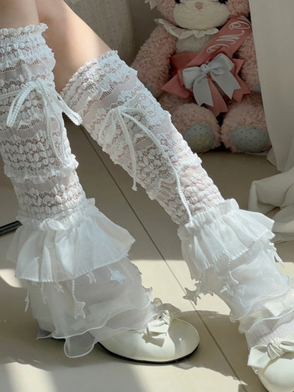 Black/White Y2K Floral Pattern Ruffled Cuff Star Charms Leg Sleeves