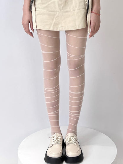 Gray/White Punk Striped Pattern Tights