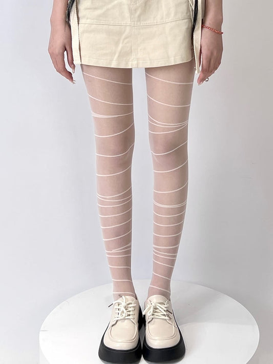 Gray/White Punk Striped Pattern Tights