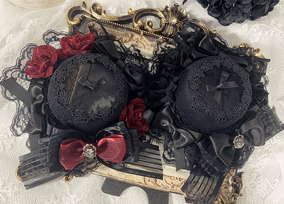 Gothic Elegant Floral Design Bowknots Mini Hat Black/Black and Red