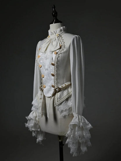 White Jabot Ruffle Neckline Cadcading Ruffle Cuffs Long Sleeves Ouji Lolita Top