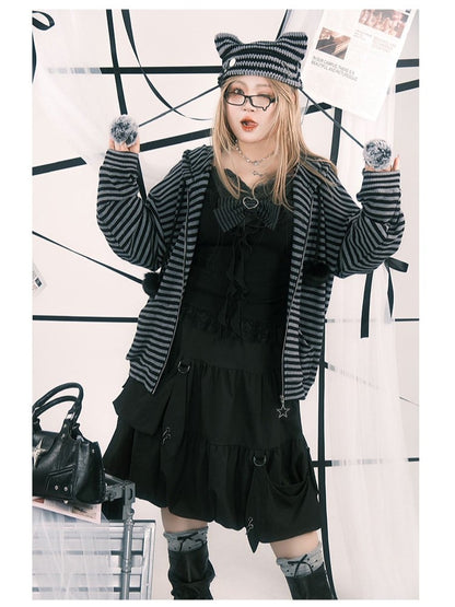 Plus Size Black Lace-trimmed Cami Top with Heart Buckle Striped Bow & Cascading Ruffles