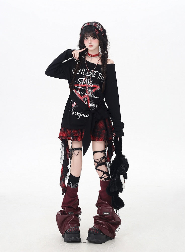 Black Asymmetrical Neckline Star Graffiti Print Loose Top