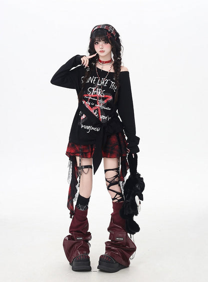 Black Asymmetrical Neckline Star Graffiti Print Loose Top