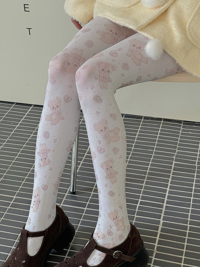 White Sweet Bear Heart Print Tights