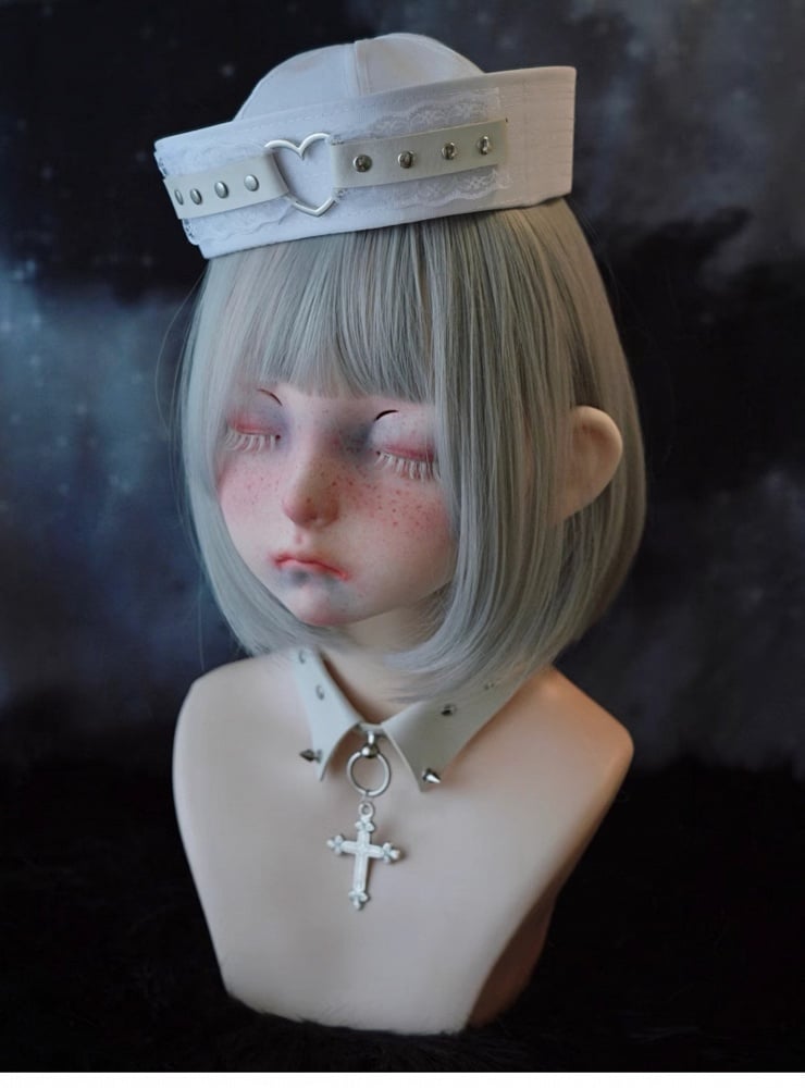 White Studded PU Heart-shaped Ring Lace Sailor Hat