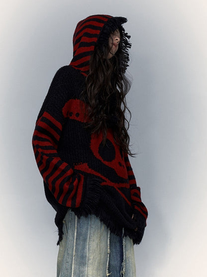 Black and Red Skull Bunny Punk Loose Hooded Sweater with Striped Sleeves