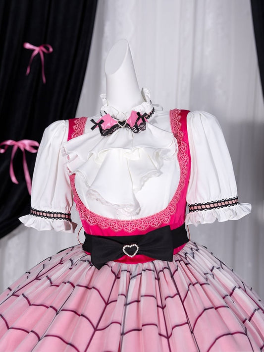 White Jabot Tie Adorned with Pink PU Bat Wings Bowtie
