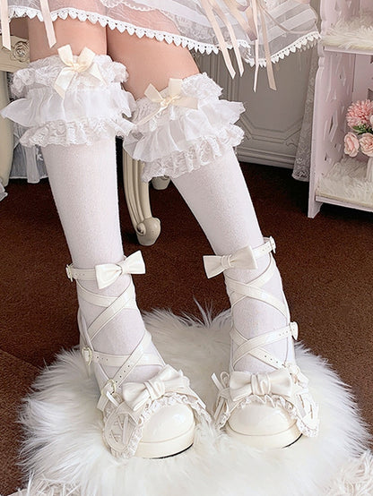 Beige Crisscross Design Bunny Ear Bowknot Sweet Lolita 8CM High Block Heels