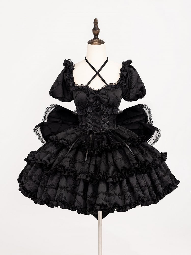 Black Princess Corset Waist Dress Ruffle Skirt Lolita OP with Big Bow at Back