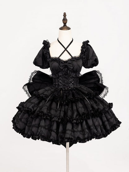 Black Princess Corset Waist Dress Ruffle Skirt Lolita OP with Big Bow at Back