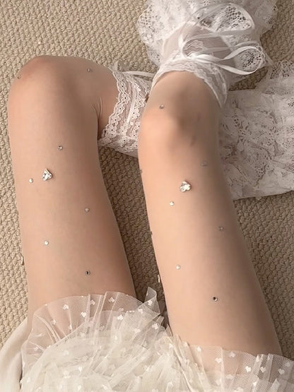 White Rhinestone Decorated Tights