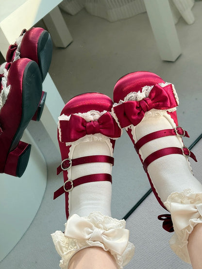 Low-heel Red Mary Janes in Sweet Lolita - Delicate Ruffle Lace, Bow Accents & Twin Clasps