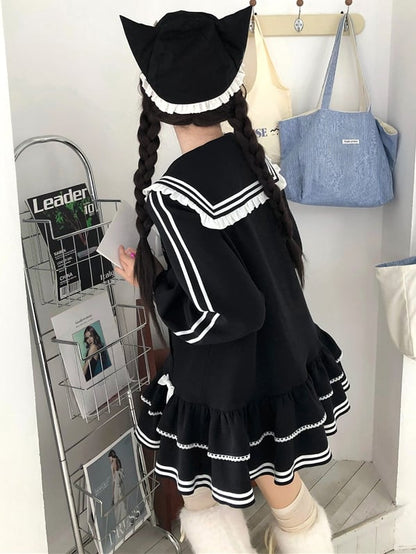 Jirai Kei Black Kitty Embroidery Sailor Collar Zip Closure Landmine Style Dress
