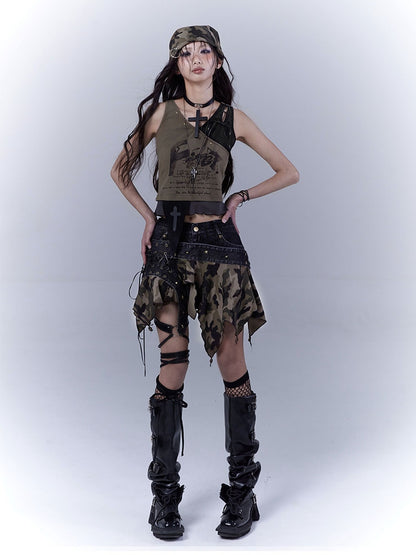 Army Green Lace-up Shoulder Asymmetrical Hem Wasteland Punk Tank Top