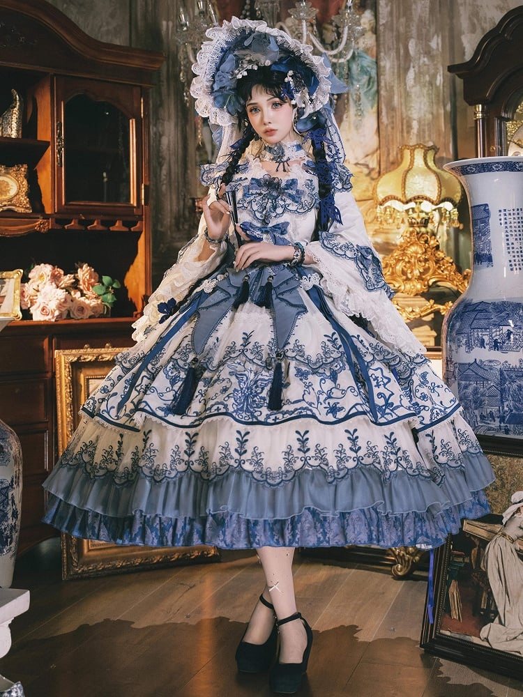 Butterfly Fabric Blue and White Porcelain Embroidery Chinoiserie Style Lolita Dress Long Version
