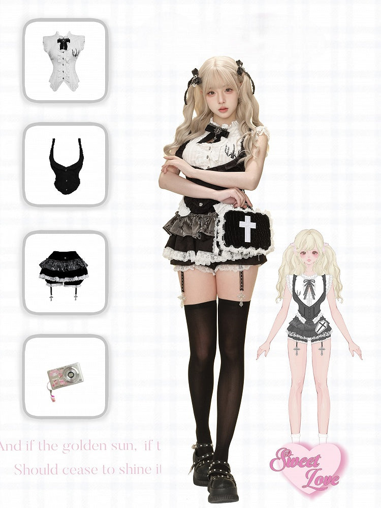 Gothic Black Tiered Skort with Lace Trim and Cross-Strap Accents