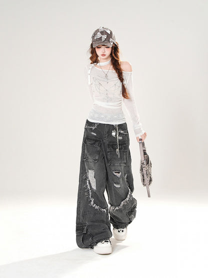 White/Black Asymmetrical Neckline Rhinestone Details Buckle Halter Neck Top