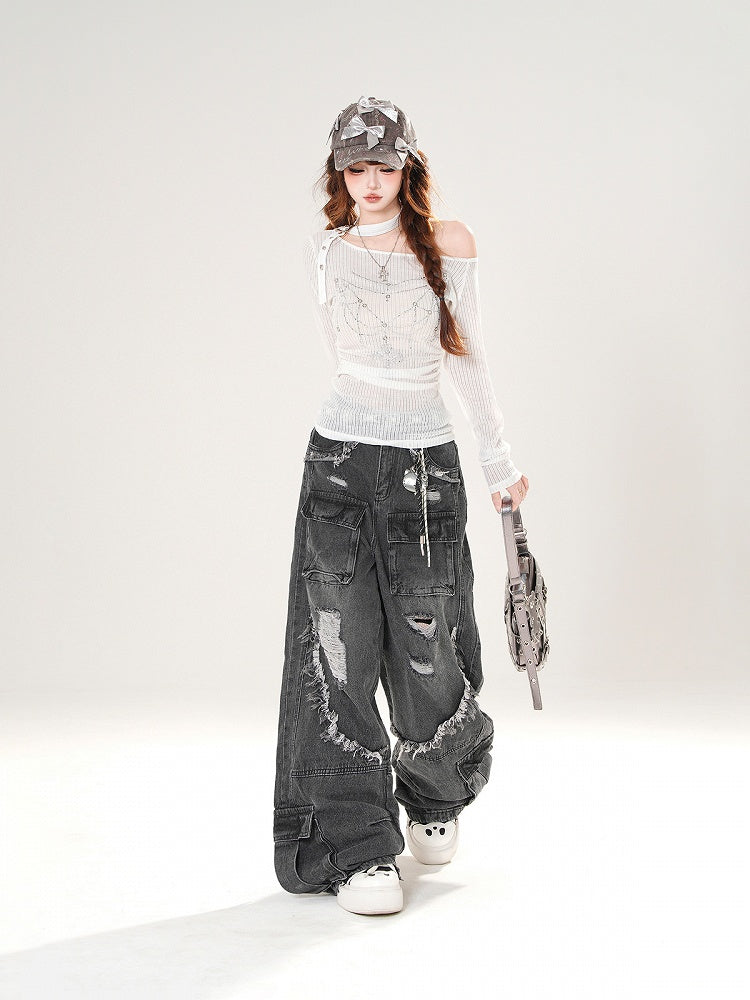 White/Black Asymmetrical Neckline Rhinestone Details Buckle Halter Neck Top