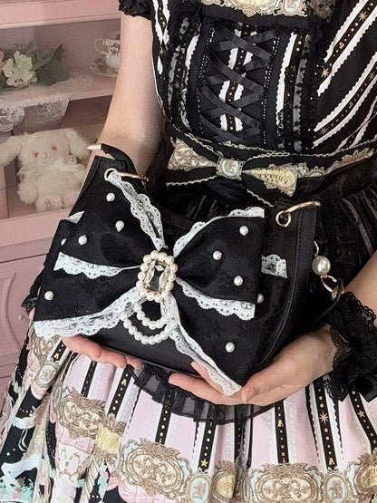 Beads & Rhinestone Decor Bow Accent Satin Black Shoulder Bag in Sweet Lolita