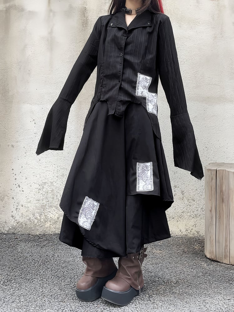 Black Punk Appliques Asymmetrical Layered Wide-Leg Pants