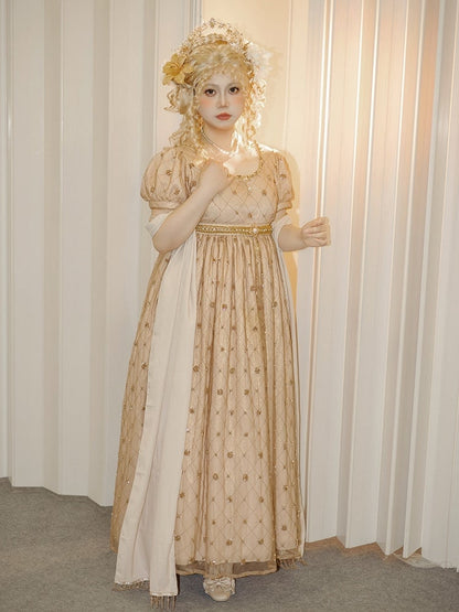 Allover Beaded Design Champagne Diamond Pattern Empire Waist Elegant Lolita One Piece Long/Short Version