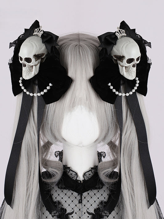 Rhinestoned Crown Black Gothic Halloween Skeleton Bowknots Hairclips