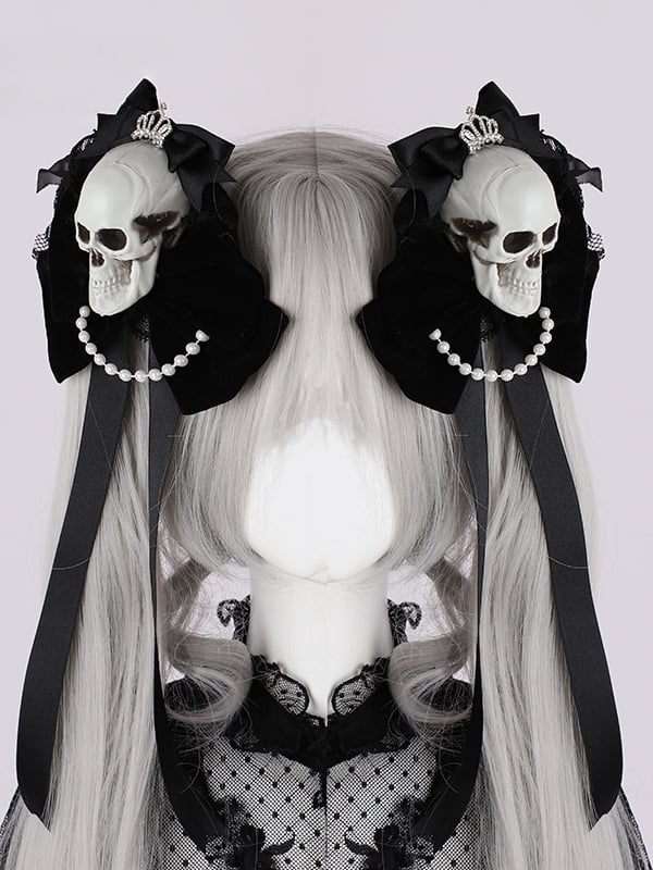 Rhinestoned Crown Black Gothic Halloween Skeleton Bowknots Hairclips