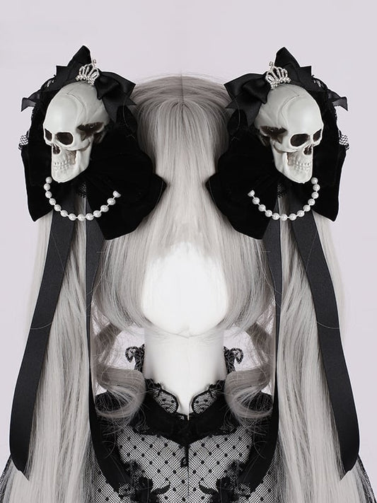 Rhinestoned Crown Black Gothic Halloween Skeleton Bowknots Hairclips