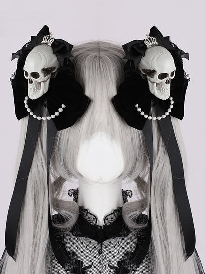 Rhinestoned Crown Black Gothic Halloween Skeleton Bowknots Hairclips