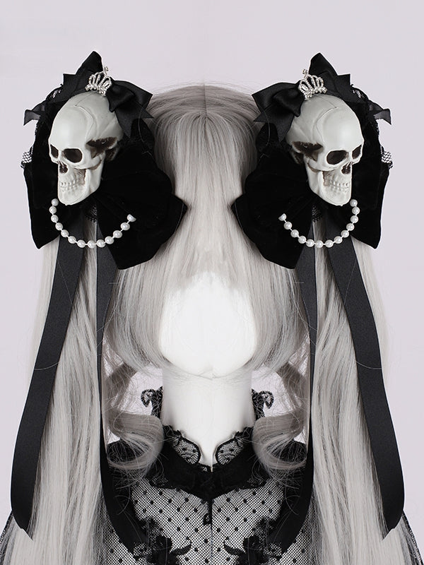 Rhinestoned Crown Black Gothic Halloween Skeleton Bowknots Hairclips