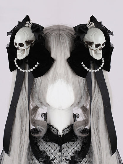 Rhinestoned Crown Black Gothic Halloween Skeleton Bowknots Hairclips
