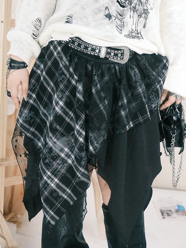 Plus Size Black Plaid Patchwork Handkerchief Hem Skirt with Star Embroidered Lace Layer