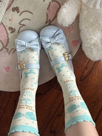 Sky Blue Bow at Top Sweet Lolita Flats with Hugging Bear Heart Buckles