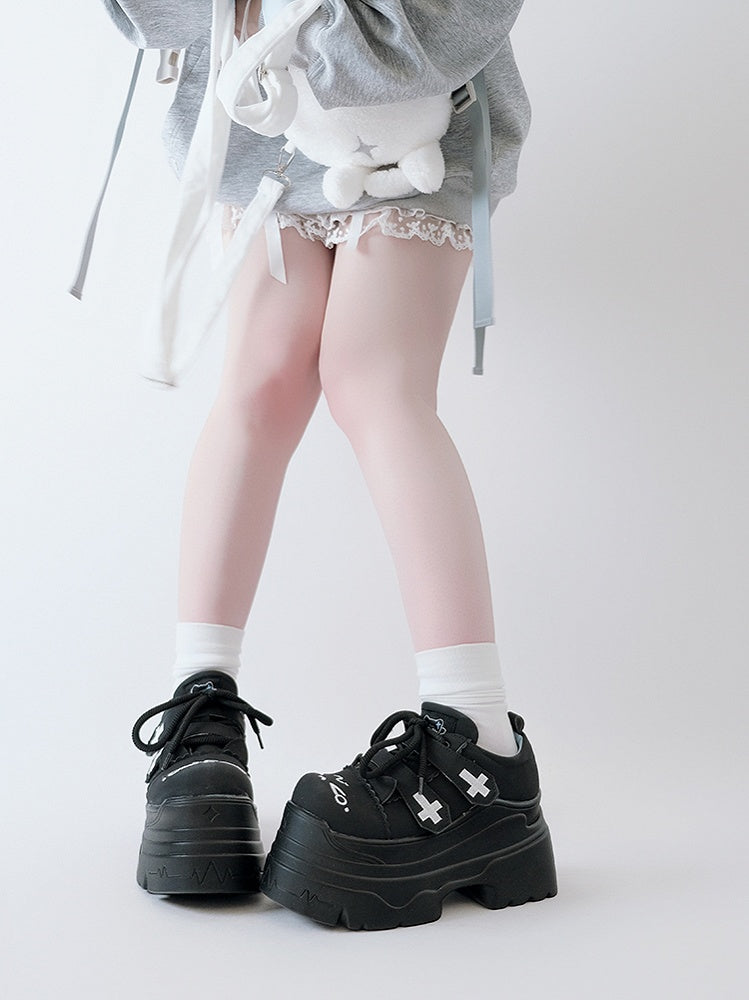 Yami Kawaii Matte Black Cross Velcro Strap Kitty Ears Design Platform Shoes