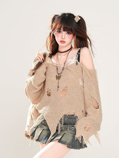 Khaki Asymmetrical Neckline and Hem Distressed Holes Wasteland Punk Knitted Top