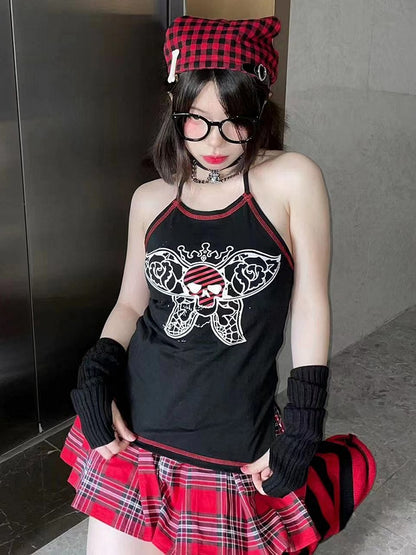 Butterfly Skull Print Black Halter Neck Cami Top